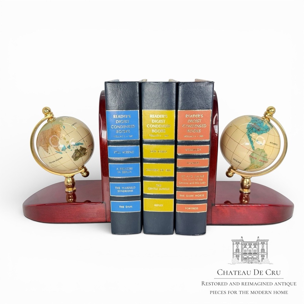Gemstone Globe Bookends Mahogany Ivory‎ Lipas Cherry Tone Wood & Brass